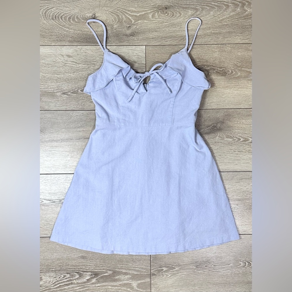 The Impeccable Pig Periwinkle Tie Front Linen Blend Mini Dress - Picture 3 of 11